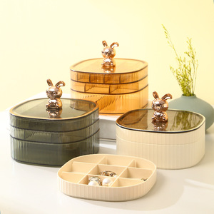 Oval Plastic Jewelry Box With Lid And Rabbit Handle For <b>Rings</b> Earrings Necklaces <b>Storage</b> Home Use Champagne Color - Product Image 2