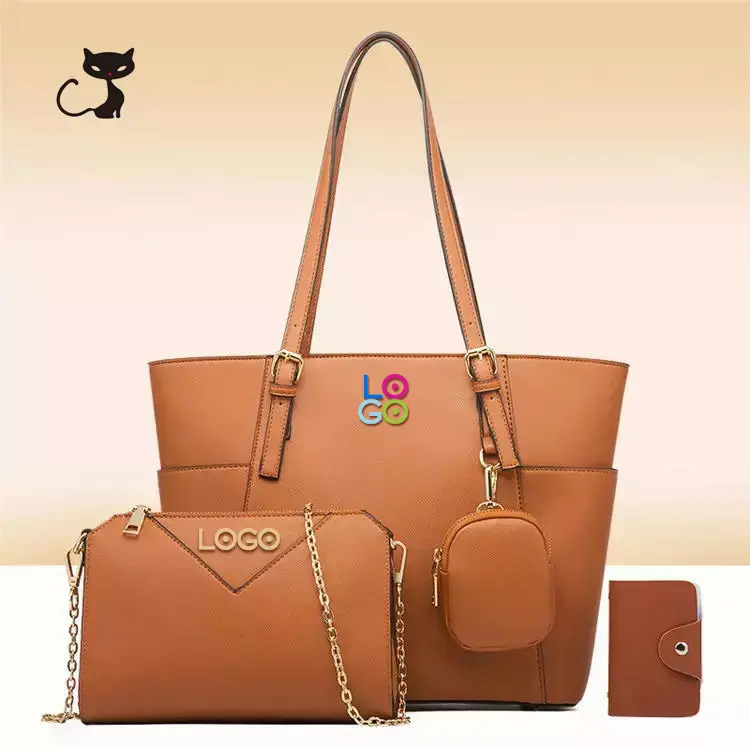 #AZB085 Factory Custom Logo PU Leather Women's Handbag shopping Tote Bag Clutch Card Holder Coin Purse 4 Pcs Lady Handbag Set