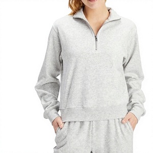 Chaqueta de Forro Polar Ligera con Cierre de Cremallera de un Cuarto para Mujer, Color Gris Sólido, Manga Larga, Cuello Alto, Ropa Deportiva de Otoño - Product Image 1