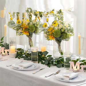 Hot Sale Ribbed Glass <strong>Candle</strong> Holder Proof <strong>Hurricane</strong> Stripped Clear Cylinder Tube Candlesticks Table Centerpieces Flower Vase - Product Image 2