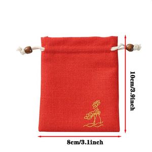 Sac en lin en gros avec cordon de serrage en perles de bois, motif feuille de lotus imprimé 8x10cm, emballage coloré pour bijoux et bonbons, idéal pour cadeaux - Product Image 2