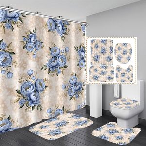 4PCS Blue Floral <b>Shower</b> Curtain with 12 <b>Hooks</b> Factory Wholesale Bathroom Sets Bathroom Rug Accessories Decor - Product Image 1