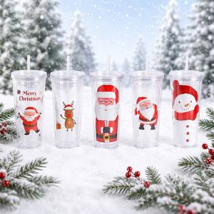 Gobelet réutilisable de Noël 700 ml à double paroi avec paille, écologique, motifs Père Noël, renne, bonhomme de neige, pour fêtes et boissons chaudes - Product Image 1