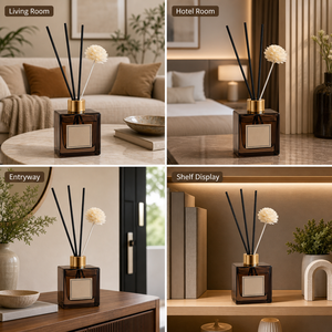 Diffuseur de parfum personnalisé en verre brun de 200 ml avec bâtonnets en rotin noir, huile parfumée et <span class=keywords><strong>neuf</strong></span> options de senteurs - Product Image 4