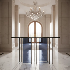 Table <span class=keywords><strong>console</strong></span> minimaliste italienne moderne à plusieurs niveaux en verre et métal pour <span class=keywords><strong>entrée</strong></span>, réception et couloir commercial - Product Image 2