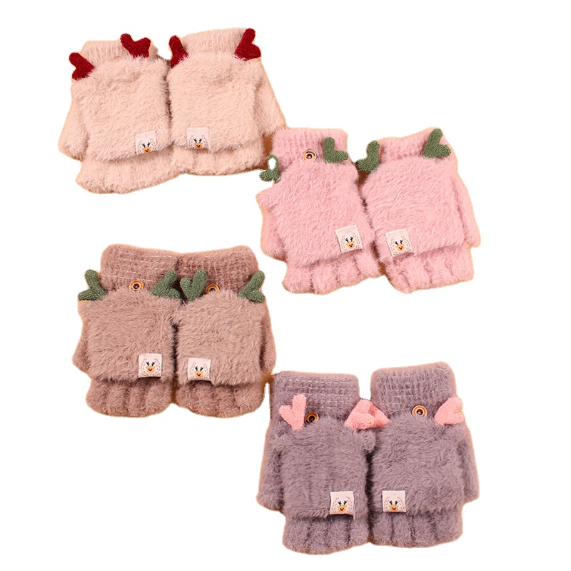 Милые жаккардовые теплые перчатки, осень/зима, перчатки с откидной крышкой на полпальца, перчатки с оленем и рогами, трикотажные перчатки без пальцев