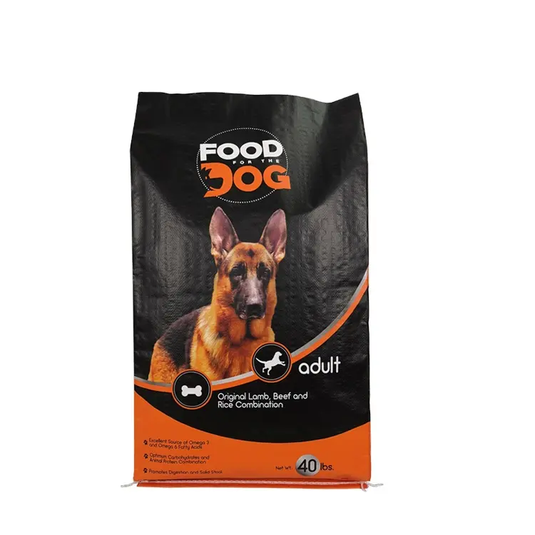 Kemasan makanan anjing kustom 40lbs pemasok ukuran kustom daur ulang 20kg matte Bopp tas kemasan anyaman PP makanan hewan peliharaan laminasi