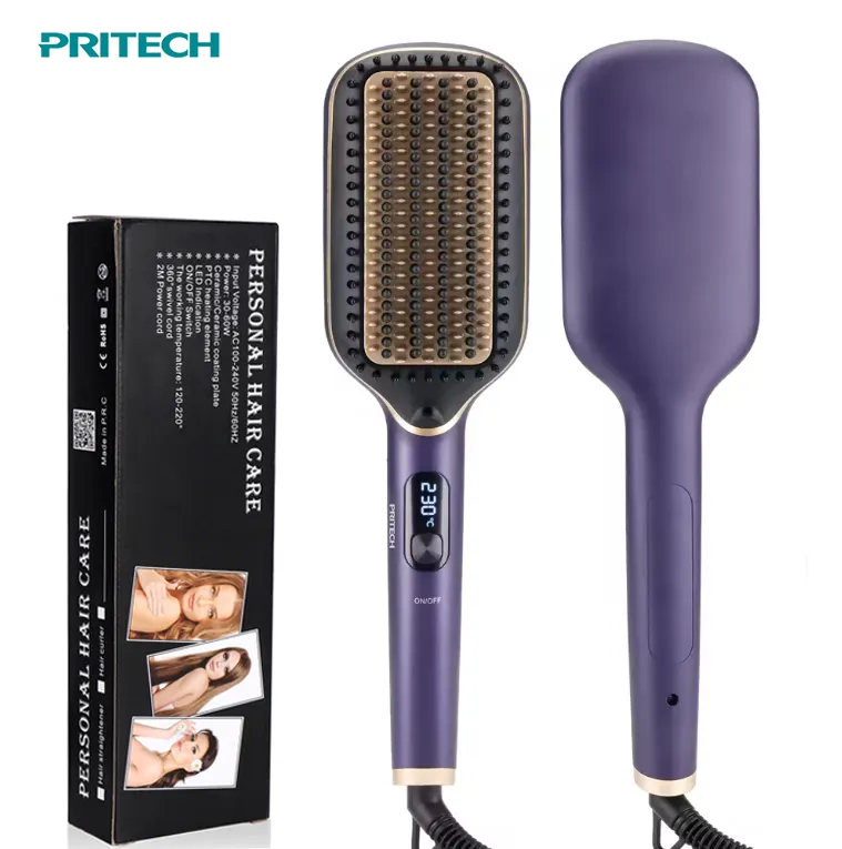 Pritech toptan ısıtmalı düzleştirme fırçası seramik profesyonel saç düzleştirici fırça pürüzsüz kıvrımsız