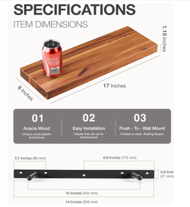 Acacia <strong>Wood</strong> Floating Shelves Wall Mounted Rustic Wall <strong>Storage</strong> Shelf for Bedroom, Kitchen, Home D&eacute;cor - Brackets and <strong>Shelving</strong> - Product Image 3