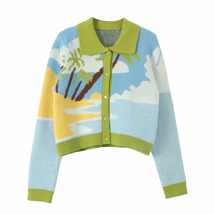Grosir Pola Jacquard Sweater Kardigan Rajutan Kustom Sweater Trendi Leher Polo Bunga Warna-warni Pastel Musim Dingin untuk Wanita