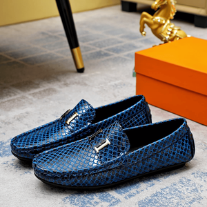 Mocasines de cuero negro repujado para hombre con hebilla metálica, zapatos casuales y formales sin cordones, hermessing - Product Image 2