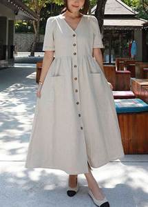 Elegant Women’s Button Down Midi <b>Dress</b>, V-Neck Short Sleeve A-Line <b>Summer</b> <b>Dress</b>, Loose Fit Casual <b>Dress</b> <b>with</b> <b>Pockets</b> - Product Image 2
