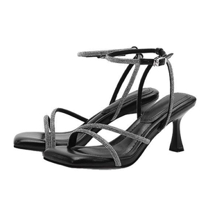 Sandali con <span class=keywords><strong>Tacco</strong></span> Alto Y 35-40 <span class=keywords><strong>Beige</strong></span> Nero Argento per Donne, <span class=keywords><strong>Scarpe</strong></span> con Punta Quadrata e Strass - Product Image 5