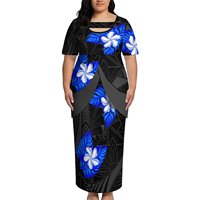 Nouvel ensemble personnalisé pour femme Puletasi 2 pièces, rose et noir, imprimé tribal polynésien, haut à manches courtes, jupe longue maxi, tenue formelle insulaire