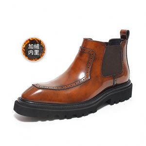 Bottes pour hommes - Bottes à lacets en cuir véritable de style britannique les plus vendues, en cuir verni, à semelle épaisse, avec talon compensé, chaudes - Product Image 5