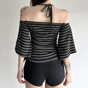 Camiseta de verano a rayas vintage para mujer, con hombros descubiertos, cuello halter con anillo, manga murciélago, media manga, top informal de ajuste holgado Y2K - Product Image 6