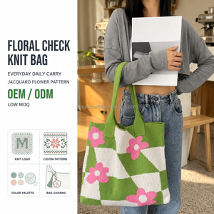 Florale Karo-Stricktasche Grün-Weiß Schachbrettmuster Handtasche Rosa Blumen Gänseblümchen Schultertasche Individuelles Logo Geringe Mindestbestellmenge Großhandel - Product Image 1