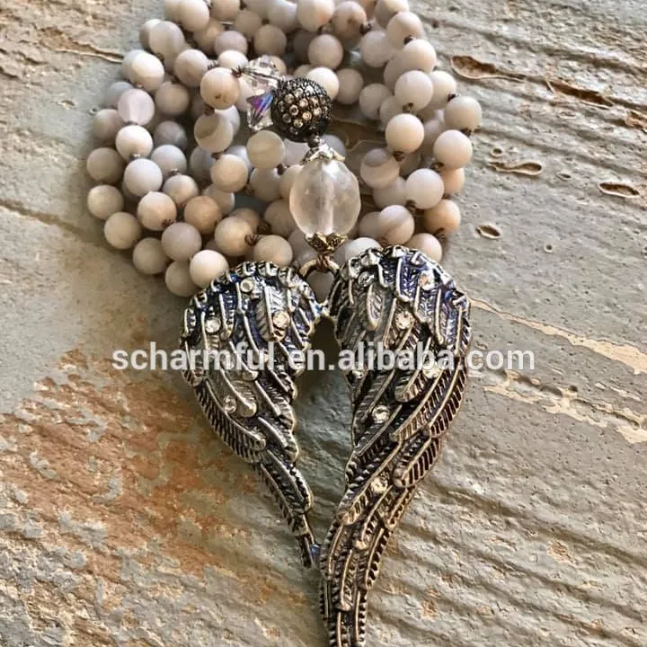 Csja — collier long de pierre nouée à la main, collier avec pendentif, breloque en forme d'aile, noir, pavé, CZ, NS190927
