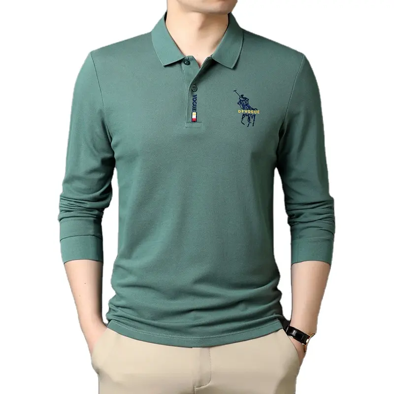 100% polyester Lapel Middle-aged Long-sleeved Custom Embroidery T-shirt Solid Color Men's Polo Shirts