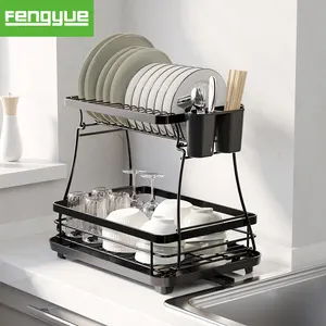 Metal Wire 2 Layer Plate Kitchen Shelf Drying Dish Drainer Holder Adjustable Stand Organizer Storage Rack with Custom Tray