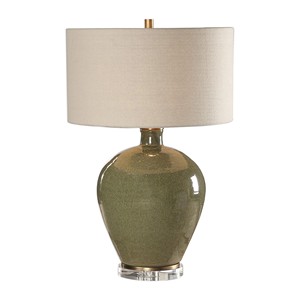 Olive Green Ceramic Urn & Crystal Base Modern Classic Table Lamp | Artisan Lighting for Hotel Bedroom & Living Area - Product Image 1