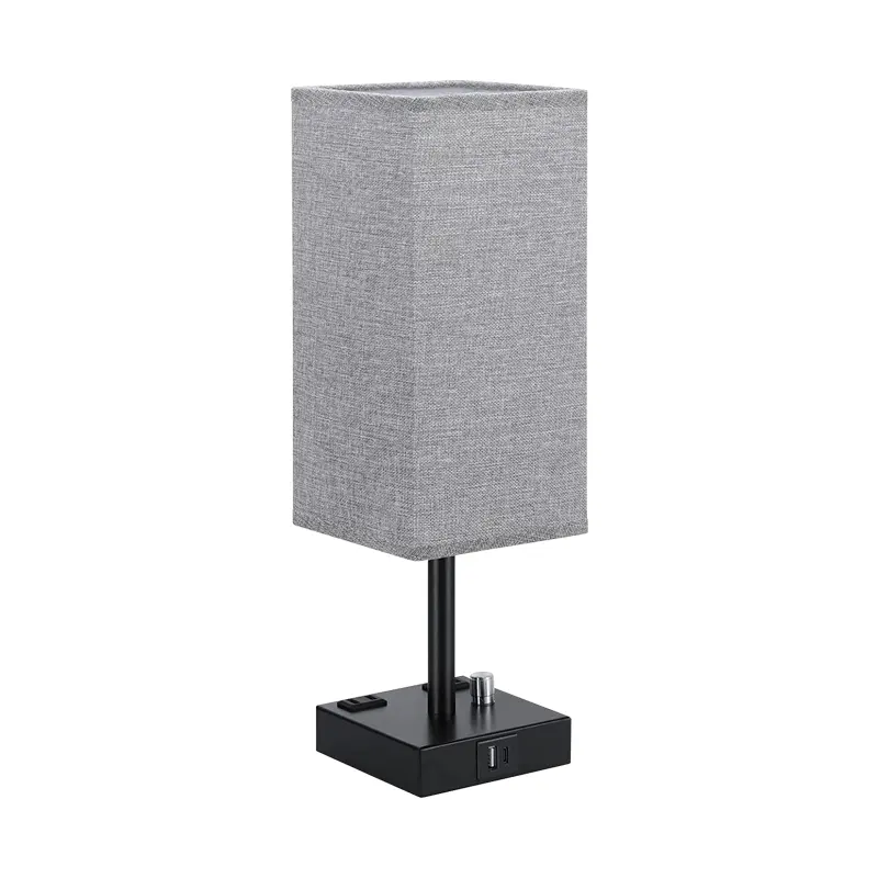 Linen Fabric Shade Wood Table Lamp With Dual USB Charger Bedside Small Rechargeable Led Dual Socket Usb Desk Lamps