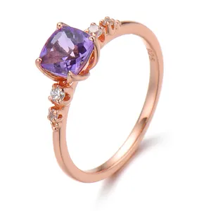 Joacii 925 Sterling Silver Rose Gold Plated Natural Gems Wedding Engagement Cz Zircon Geometrical Brazil Amethyst Cushion Ring