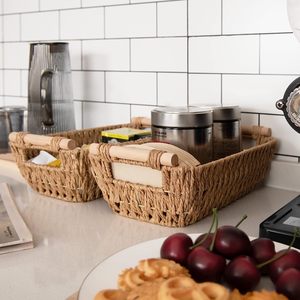 Tay dệt nhỏ giỏ <span class=keywords><strong>wicker</strong></span>, thông tư giấy dây lưu trữ giỏ, với tay cầm bằng gỗ - Product Image 5