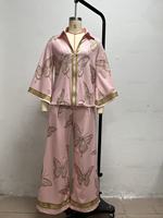 2026 Europese en Amerikaanse stijl vintage print sexy diep V-hals losse print top met rits en wijde pijpen broek tweedelig set