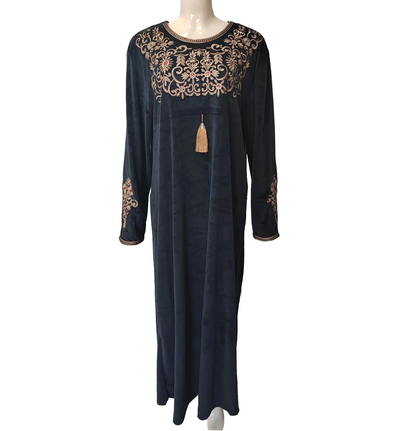 Vestido tradicional muçulmano Abaya Inverno Árabe Líbia feminino veludo bordado borla maxi vestido