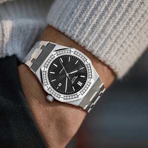 Montre mécanique automatique pour homme PINDU, style sport décontracté, boîtier octogonal, lunette sertie de diamants, calendrier, bracelet en acier inoxydable - Product Image 6