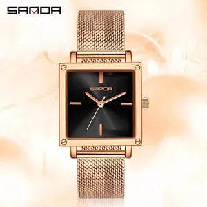 SANDA P1068 1068 chica personaje rectángulo alta calidad oro mujer reloj de cuarzo elegante correa de malla resistente al agua Montre Femme