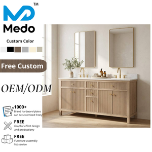 Mobile <span class=keywords><strong>Bagno</strong></span> Moderno Japandi con Doppio Lavabo, Armadietto Naturale Scanalato a Doghe, Mobiletto Autoportante con Maniglie Dorate - Product Image 1