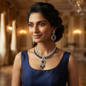 Elegant Zircon <b>Blue</b> Stone <b>Necklace</b> and Earring Set with Halo Pendant Rhodium Plated Luxury Bridal Wedding Jewelry for Women - Product Image 1