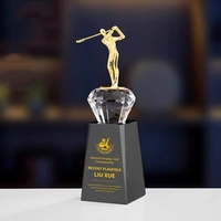 Adl New Design Golf Crystal Glass Acrylic Awards Trophy Awards with Clear Diamond Metal Black Crystal Glass Base