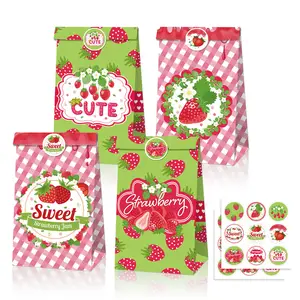 Xindeli LB168 Strawberry Design 12 Pcs Red Green Candy Goodies Treat Gift Paper Bags With Stickers for Fruits Party