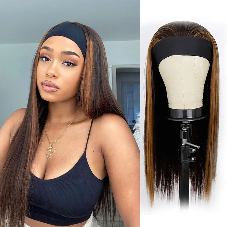 Aisi Hair Long Silky Straight Highlight Headband Wig Synthetic Hair Highlight Brown Headband Wigs For Black Women