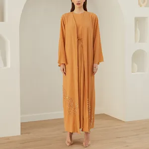 New Fashion Modern Eid Orange Basic Crystal Sequin Embroidery Pearls Farasha Cardigans Abaya