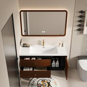 Armoire de salle de bain en bois brun: style raffiné, lampes à LED équipées de bassin résistant à l'humidité. Meuble de salle de bain en bois brun - Product Image 5