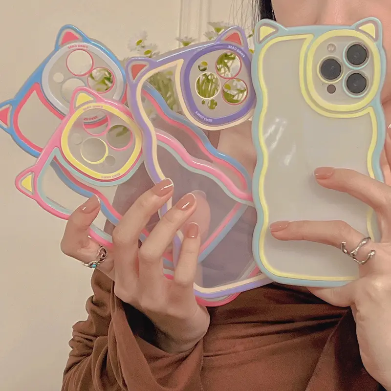 INS Cute Colors Frame Wave Cat Ears Transparent Soft Case for iphone 13, for iphone 13 pro new cute cases