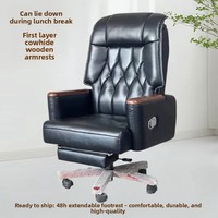 Chaise de bureau de direction ergonomique à hauteur réglable en cuir véritable avec accoudoirs en bois et siège pivotant