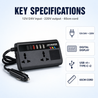 Convertisseur de courant pour voiture 12V/24V vers 220V avec ports de charge rapide, chargeur automobile portable, convertisseur de courant 3 ports USB, chargeur de voiture