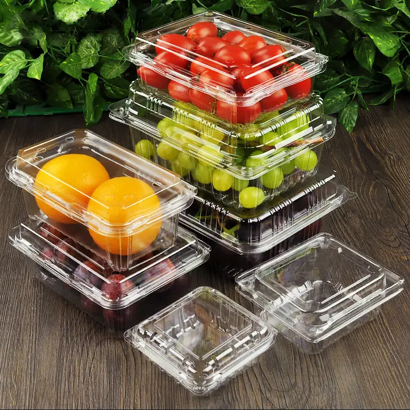 Custom clear transparent food container PET disposable plastic clamshell vegetable fruit packaging box for grape lychee cherry