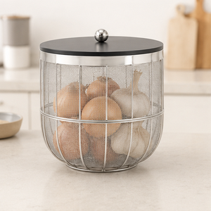 Modern Stainless Steel Mesh Fruit and <b>Vegetable</b> <b>Storage</b> Basket with Dustproof Black Lid and Ball Knob - Product Image 1