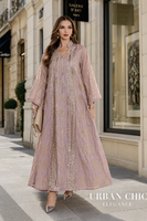 Abaya longue transparente à col montant, manches trois-quarts, broderie verticale complète de sequins dorés, personnalisable OEM ODM | Robe de mariée musulmane
