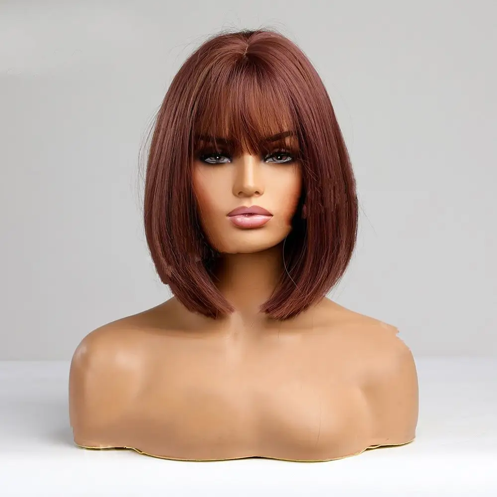 brown short Bob Synthetic Wig with Bangs Dark Brown fiber wig for Women, Daily japanese fiber Resistant Wig