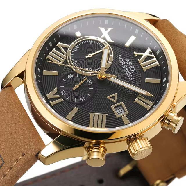 FORSINING Luxury Charm Alloy Sports Fashion Leather Men's Quartz Chronograph Watch with Luminous Hands and Waterproof