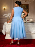 Robe Bleu Ciel AM050404 Évasée Grande Taille Femme Décontractée avec Fleurs 3D Sans Manches et Ourlet Basque en Tulle