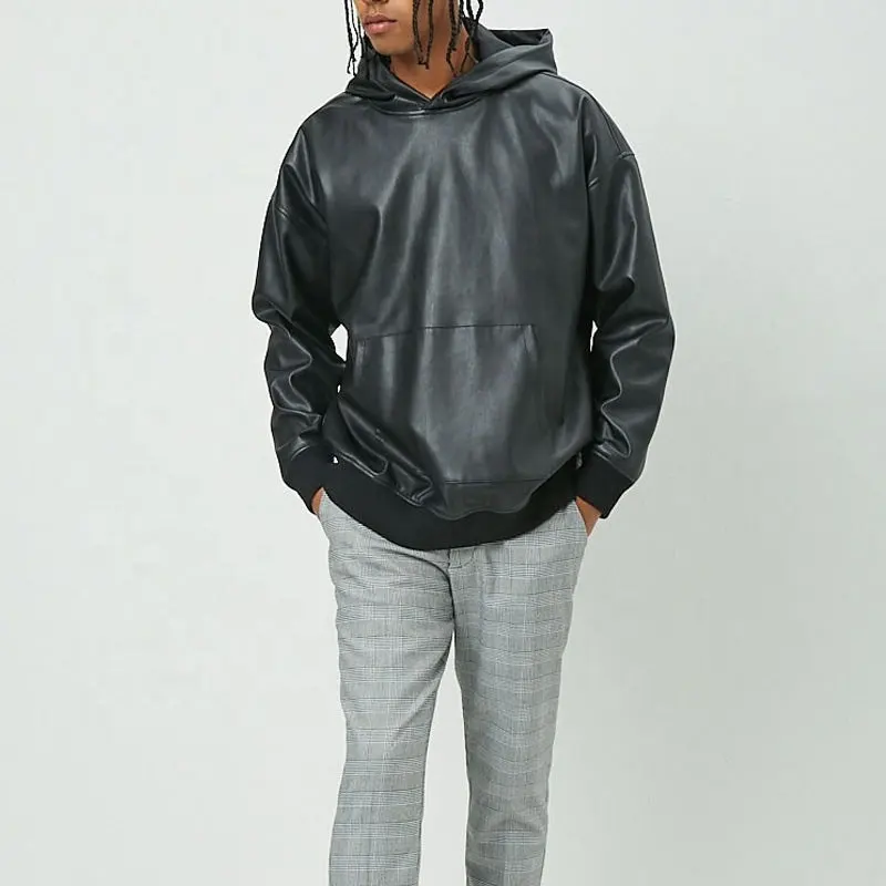 Designer Fashion Custom Men Hoodie Faux Leather Hoodie Cool Black Classic Hip Hop Men's Pu Hoodie Pullover Sweatshirt