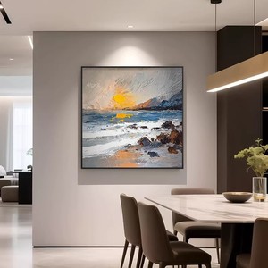 Peinture à l'huile abstraite impressionniste de paysage marin, peinte à la main, encadrée dans un cadre métallique, effet visuel 3D, art mural pour salon - Product Image 2